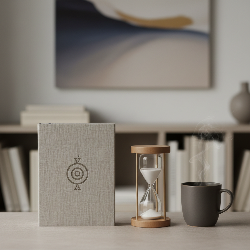 A neatly organized writing desk in muted tones, featuring a closed, linen-textured journal in pale taupe with a small, embossed symbol that subtly merges a spiral and a Greek omega. The journal rests beside a minimalist sand hourglass with fine white sand mid-fall and a matte charcoal ceramic cup filled with herbal tea. The background shows blurred shelves of neutral-toned books and a single abstract painting with soft gradients of indigo and beige. Gentle overcast daylight filters in from the left, creating a calm interplay of light and shadow across the surfaces. Photographed at eye level with a centered composition and moderate depth of field, the mood is contemplative and intellectual, suggesting slow, critical reflection on spirituality and belief.