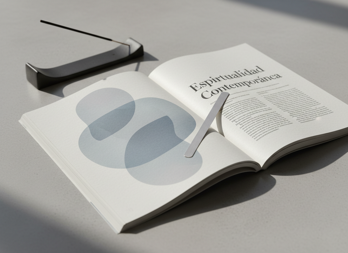 A finely crafted open magazine spread lying on a smooth, dove-gray concrete tabletop, its pages displaying a minimalist layout of abstract geometric symbols, soft gradients in muted blues and warm grays, and a refined serif headline reading “Espiritualidad Contemporánea” in Spanish. Around the magazine, there are only two objects: a matte black ceramic incense holder with a thin, unlit stick, and a slim silver bookmark resting across the gutter. Soft, diffused daylight from an unseen window washes over the scene, creating gentle, elongated shadows and subtle highlights on the paper texture. Shot from a slightly elevated, three-quarter angle with a shallow depth of field, emphasizing elegant negative space and a sophisticated, photographic realism perfectly suited for a reflective online spirituality magazine.