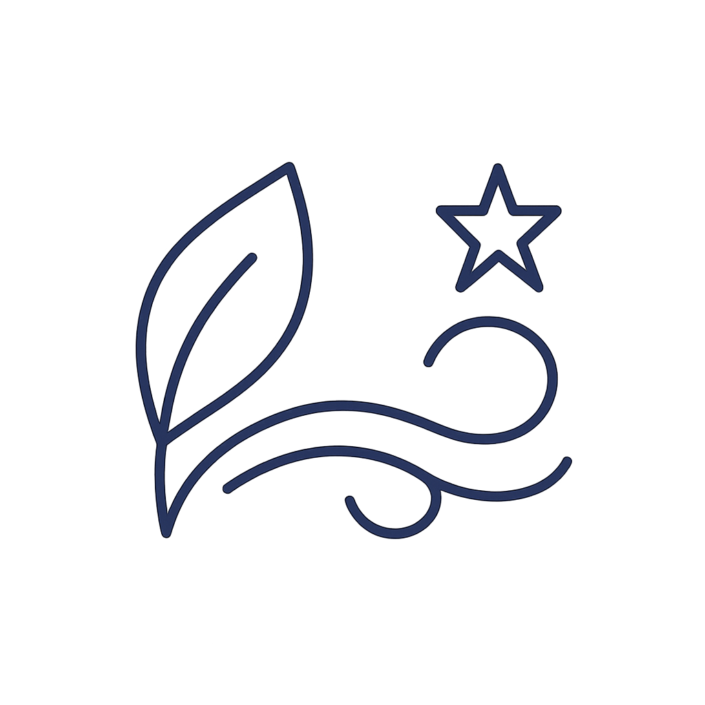 logotipo simbólico sin personas ni cruces; incorpora hojas, viento y una estrella, con una sensación limpia y moderna ligada al concepto de 'respirar' y religiosidad abstracta